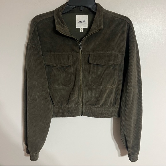 Aerie Green Ribbed Corduroy Zip Up Women's Cropped Jacket Size Medium - Picture 1 of 10